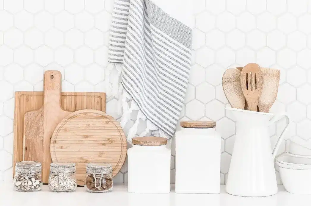modern downsizer kitchen design with white accessories and timber boards