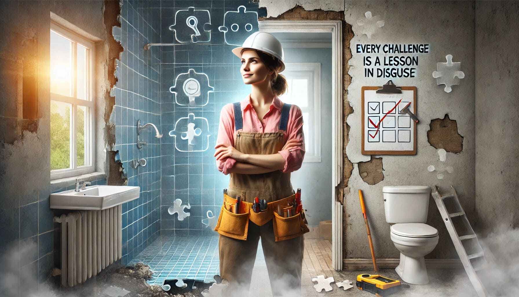 Female renovator in progress bathroom project – every challenge is a lesson