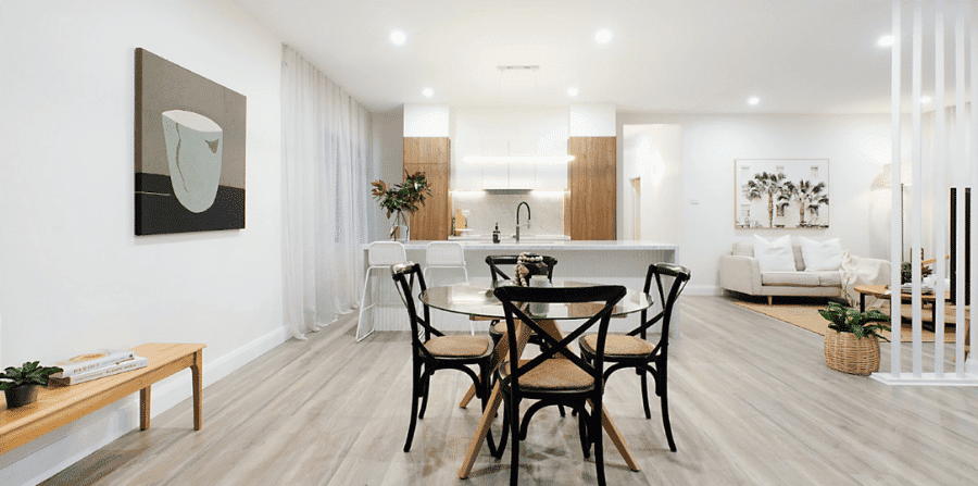 modern open plan kitchen renovation showing dining area to boost property value and renovation profit