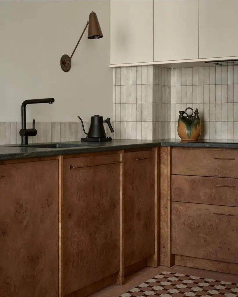 mid-century modern kitchen design – timber cabinets and vintage light