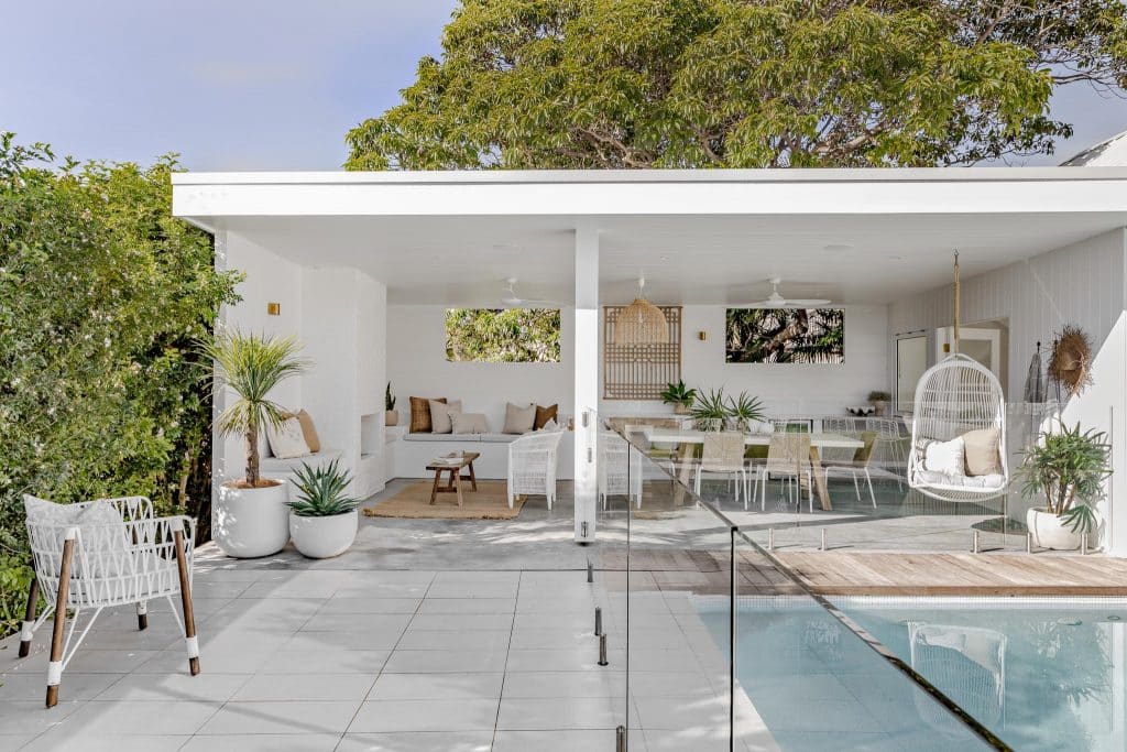Resort-style backyard and pool area used for holiday accommodation photoshoots