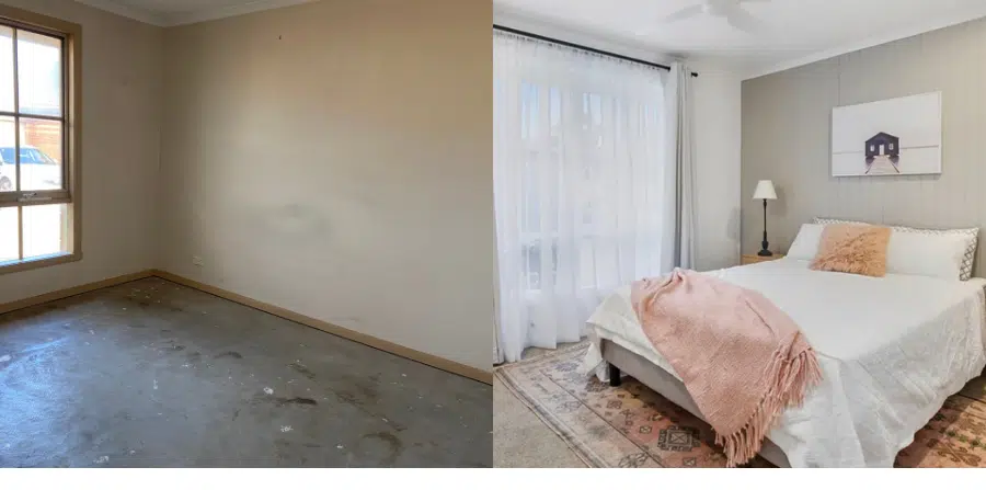 Before and after bedroom renovation transformation from bare room to styled retreat