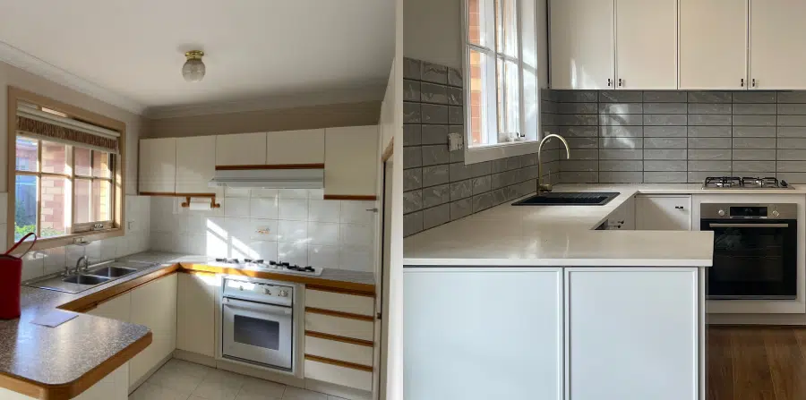Before and after kitchen renovation showing modern design using the Avocado Smash Approach
