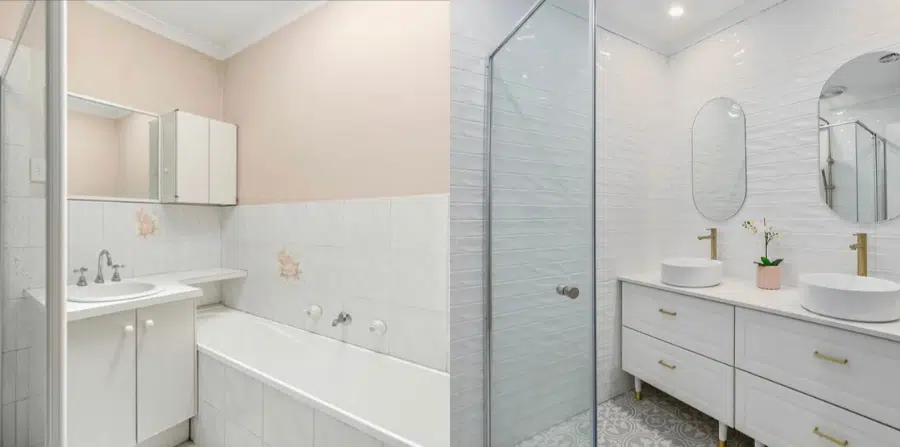 Before and after bathroom renovation featuring white tiles and modern vanity