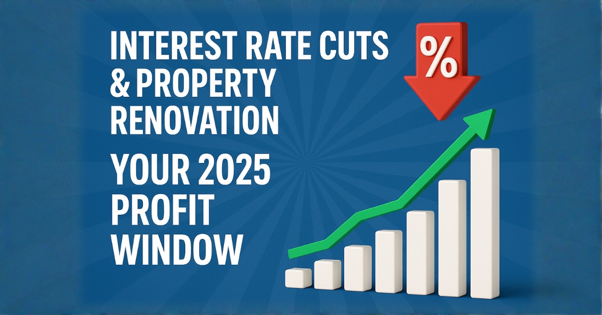 Graphic showing a red arrow with a percent sign pointing down (interest rate cuts) and a green arrow over a rising bar chart (property profit) with text "Interest Rate Cuts & Property Renovation: Your 2025 Profit Window