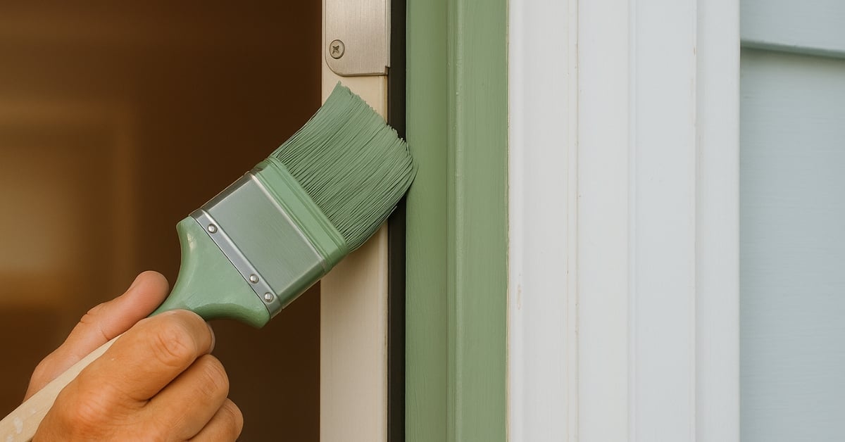 Close-up of a hand using a brush to apply sage green paint to a door frame, illustrating a strategic cosmetic renovation update to increase property value.