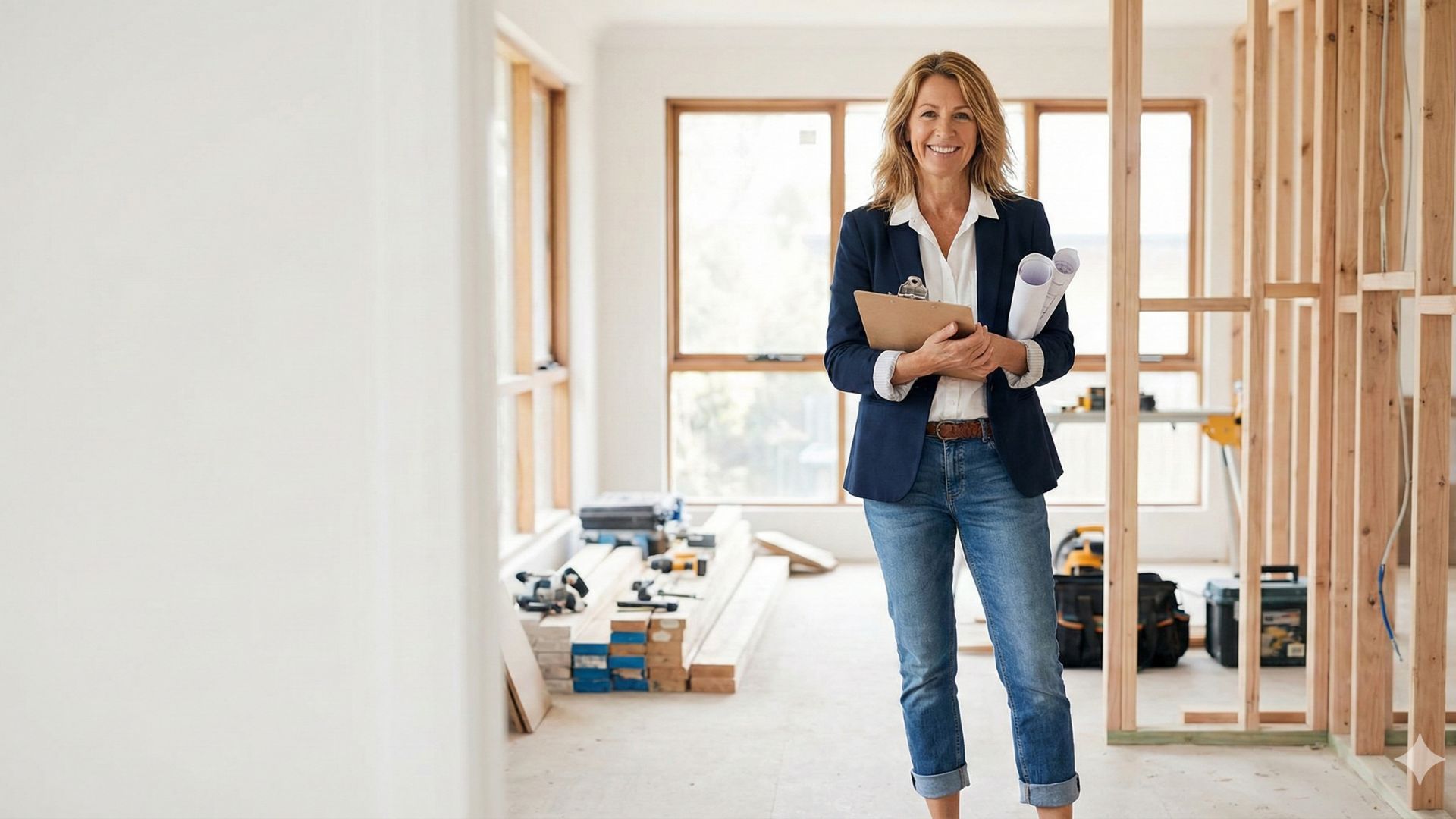Confident woman aged 50 standing on a renovation site holding architectural plans, demonstrating the project leader mindset that helps women pay less for renovations.