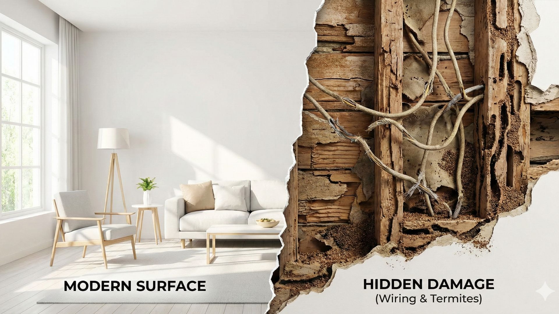 Split view comparison showing a pristine modern living room wall on the left versus a cutaway revealing hidden termite damage and old electrical wiring on the right, illustrating the importance of renovation due diligence.