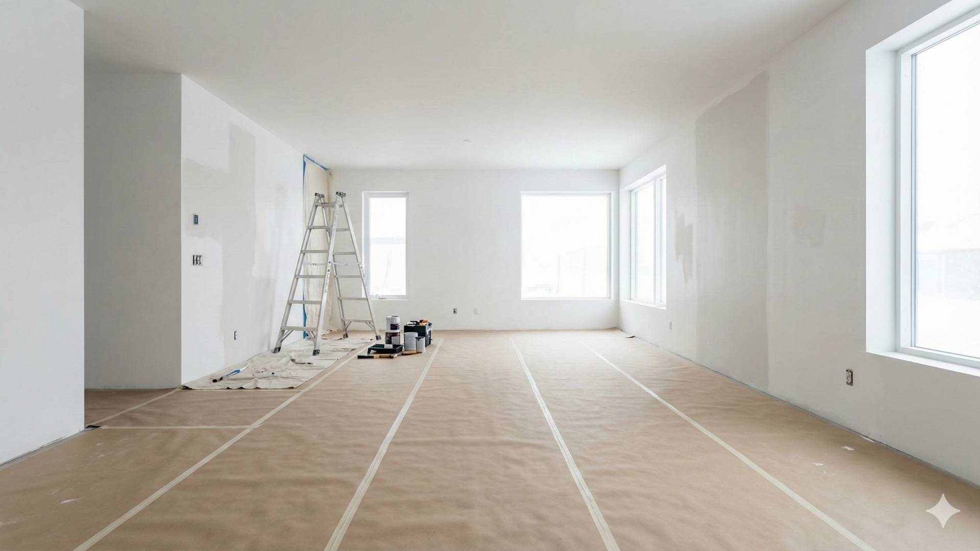 A bright, modern room under renovation featuring protective floor covering and a ladder against white walls, illustrating a clean work-in-progress site.