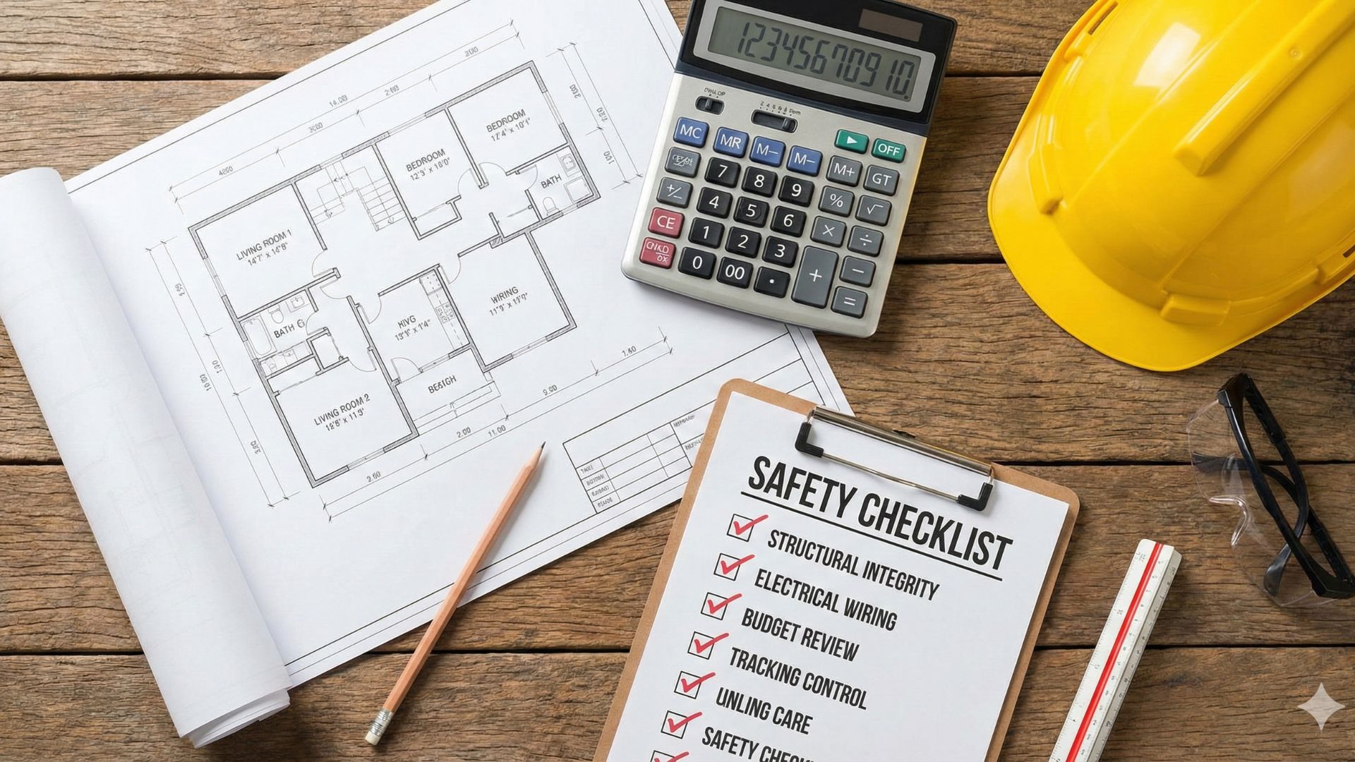 A professional flat-lay on a wooden table featuring a clipboard titled 'SAFETY CHECKLIST' with red checkmarks, a calculator for financial planning, a yellow hard hat, and blueprints, representing a systematic approach to renovation risk management.