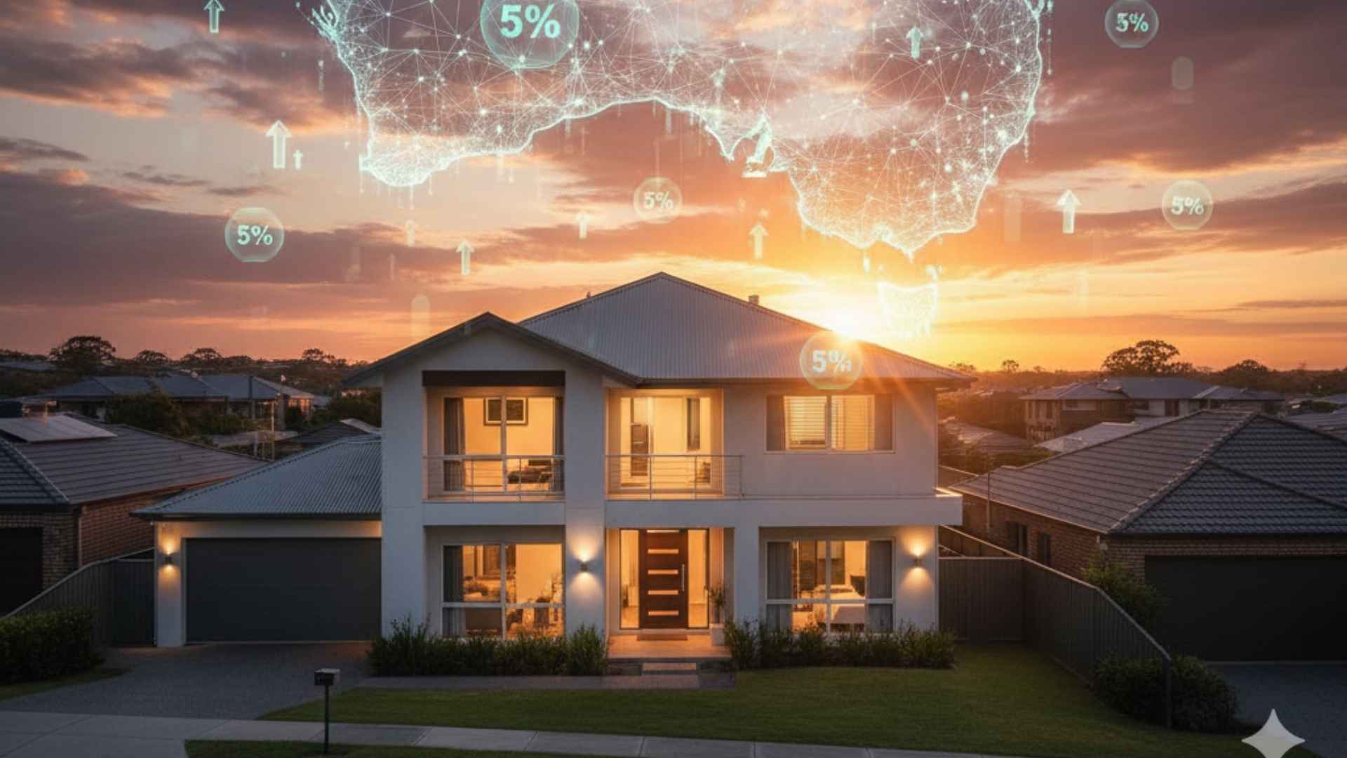 A conceptual digital overlay of a glowing map of Australia featuring 5% deposit icons and growth data points floating above a modern suburban house at sunrise. This symbolizes the 2025 First Home Buyer scheme's impact on the Australian property market and the rising opportunity for strategic renovators.