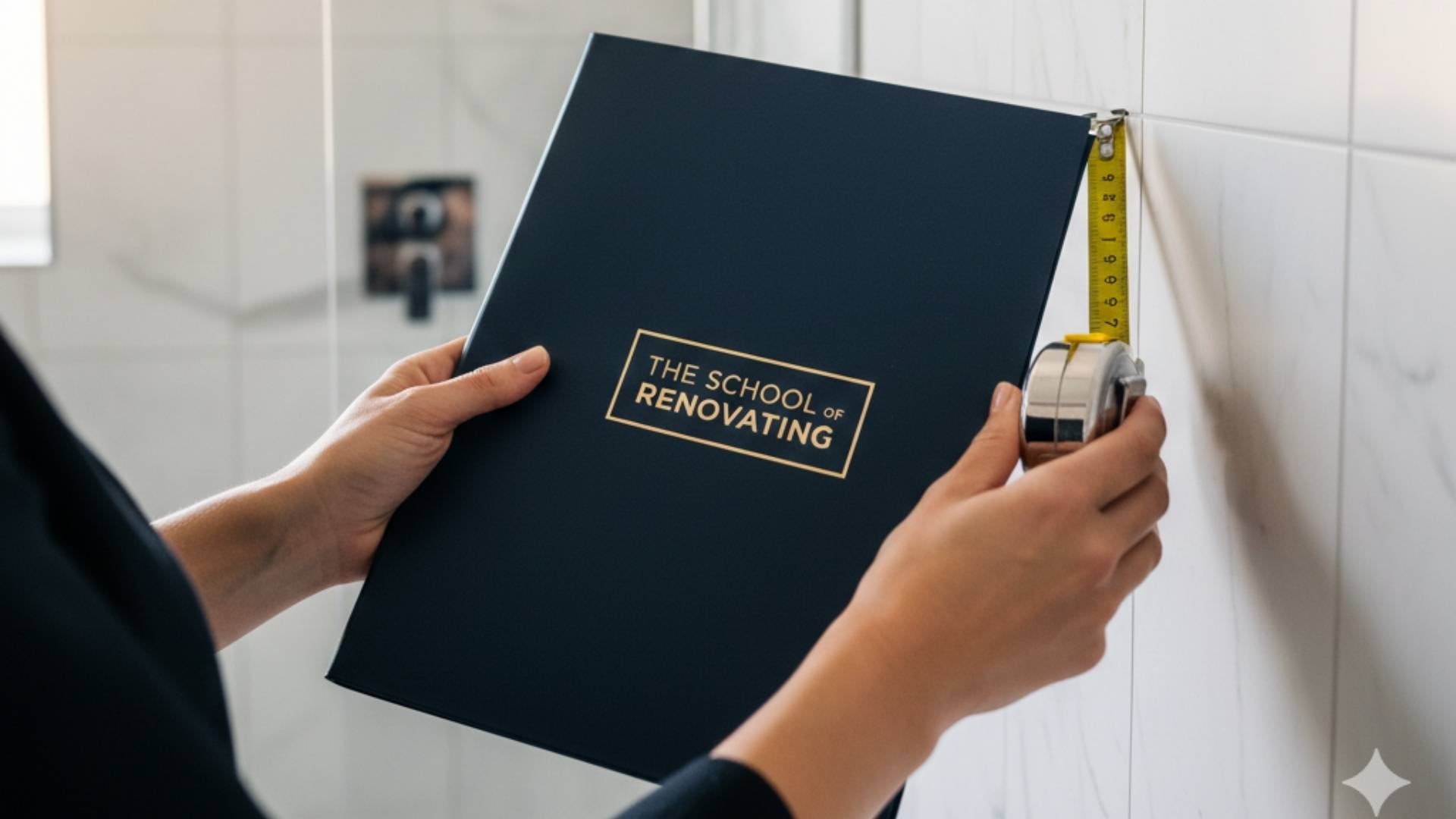 A close-up shot of a student's hands holding a dark blue School of Renovating project folder and a measuring tape against a white-tiled wall, illustrating the practical, hands-on nature of the Class Project renovation training.