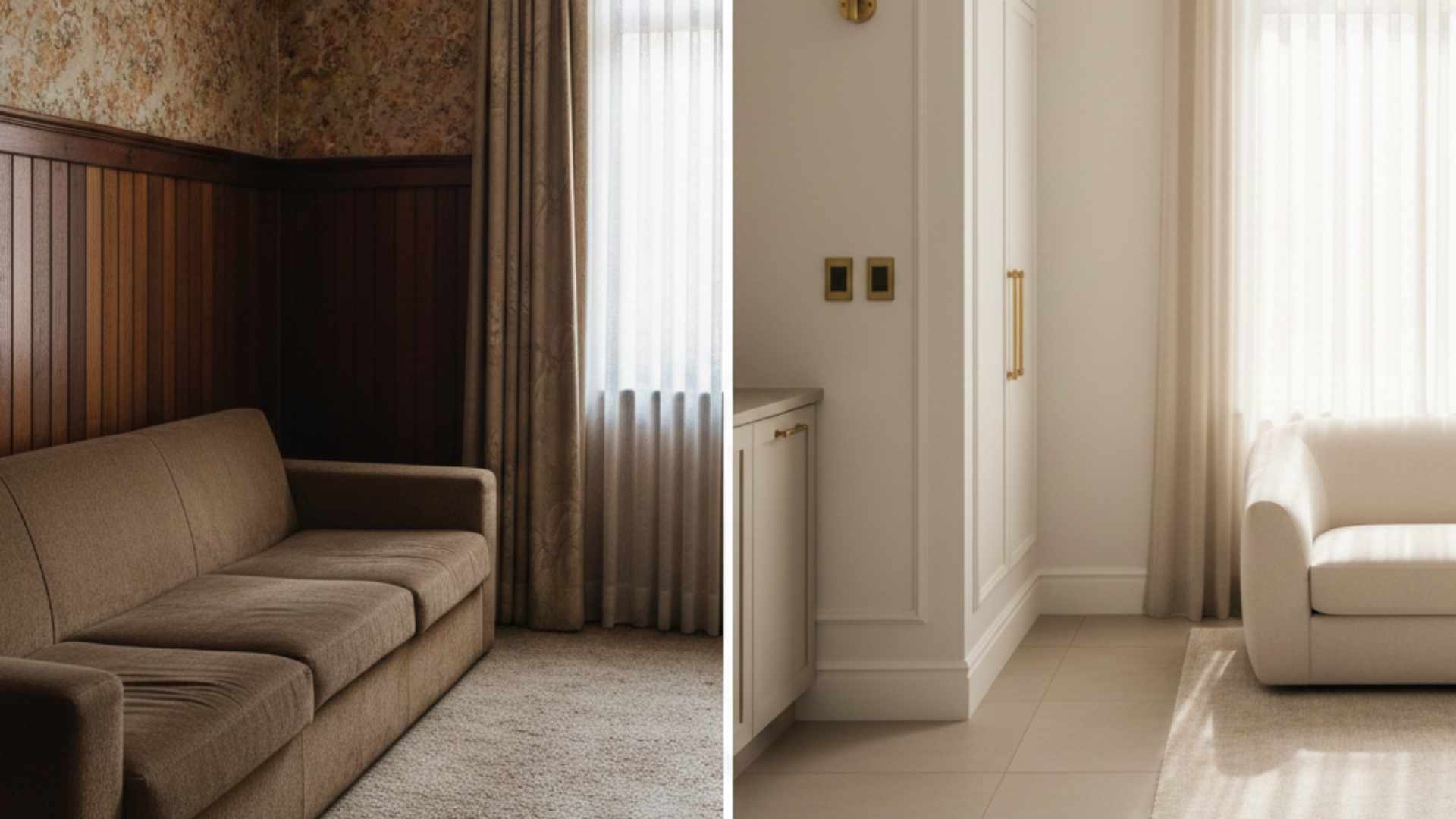 Split-screen view of a dated Australian home interior with wood paneling next to a modern 'New Deco' renovation featuring fluted white cabinetry, brass hardware, and neutral tones, illustrating a profitable cosmetic renovation strategy