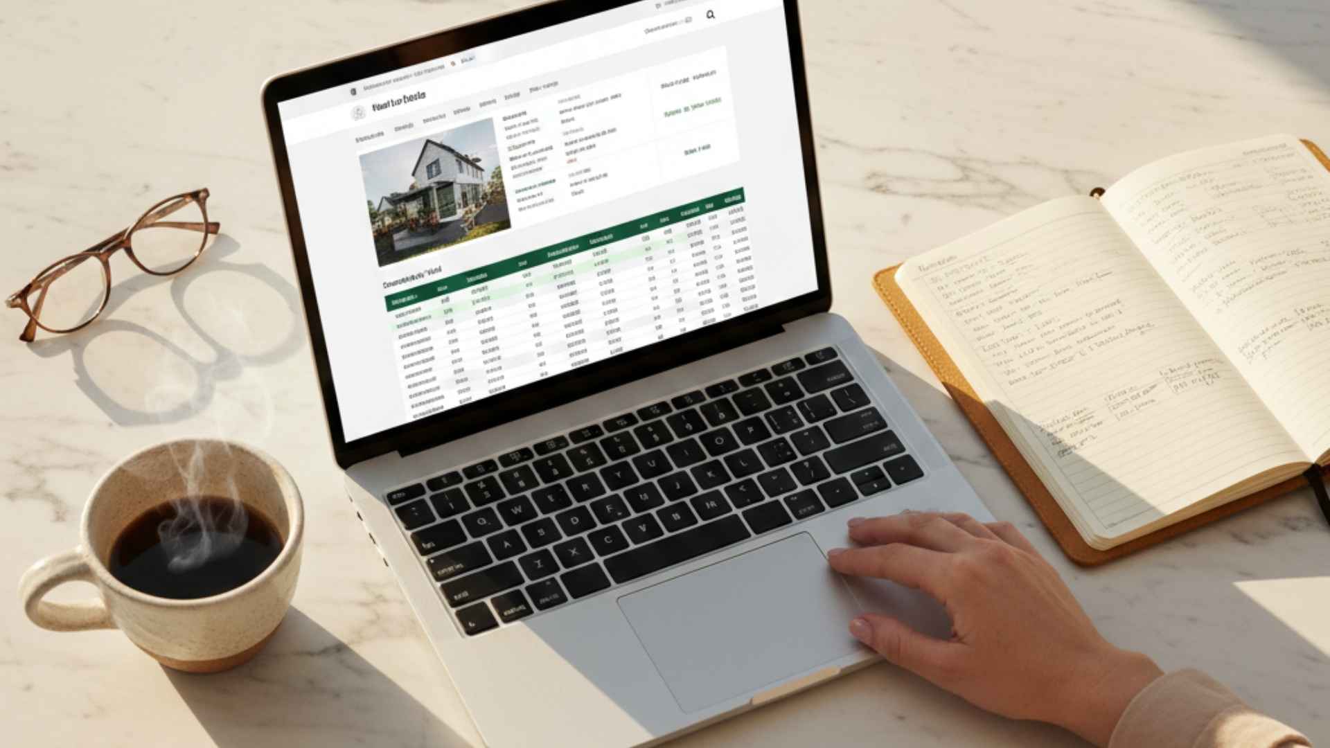 An overhead flat-lay of a marble kitchen island with a laptop open to a property listing site, a steaming cup of coffee, and a leather notebook with hand-written feasibility notes on suburb yield and renovation margins.