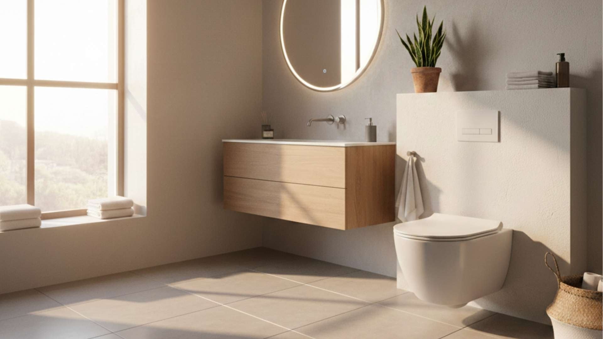 A bright, contemporary bathroom during golden hour featuring a back-to-wall rimless toilet, large grey porcelain floor tiles, a floating oak vanity, and a backlit circular mirror.