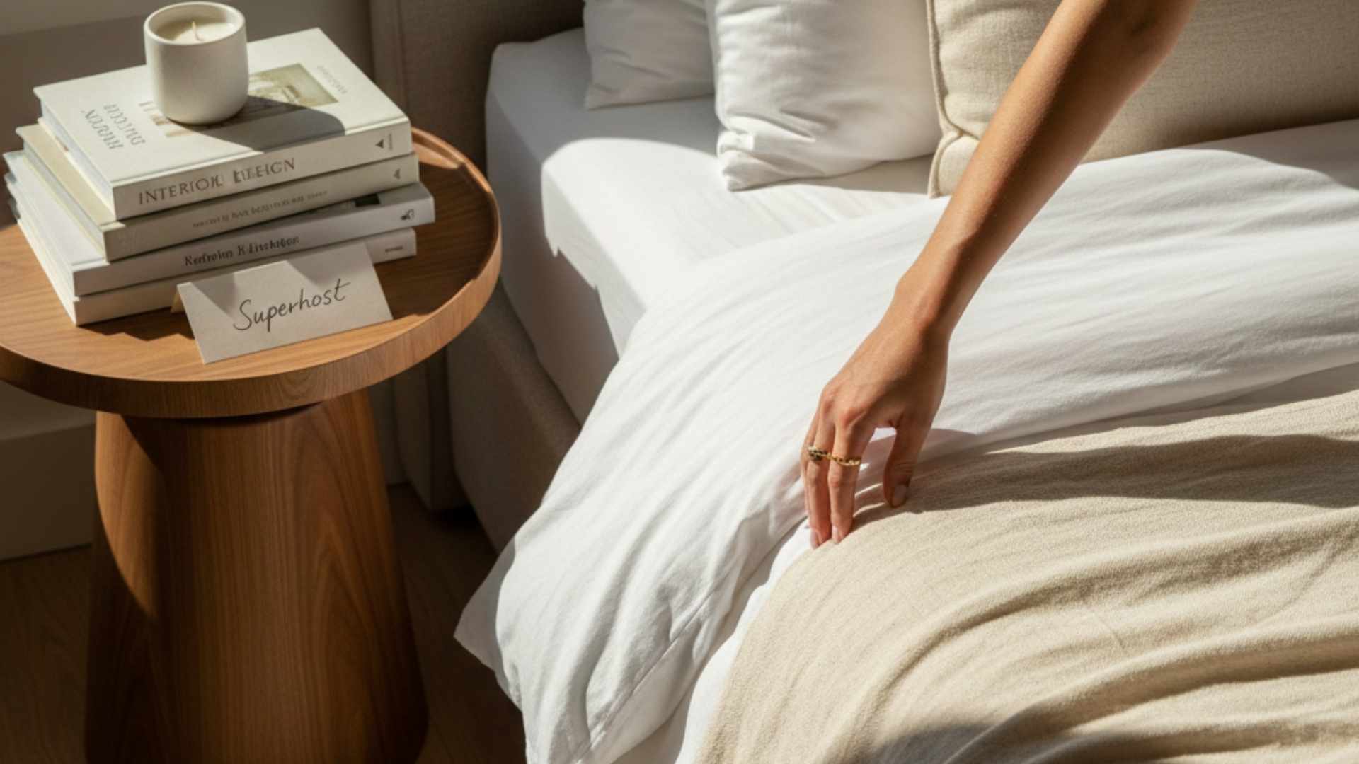 A high-angle editorial shot of a woman's hand styling a luxury bedroom with a 'Superhost' card, representing successful business ownership and property styling for women over 60.