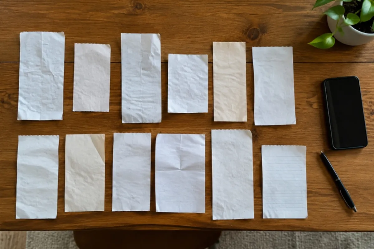 Paper receipts laid out in rows on a timber table beside a phone, ready to photograph