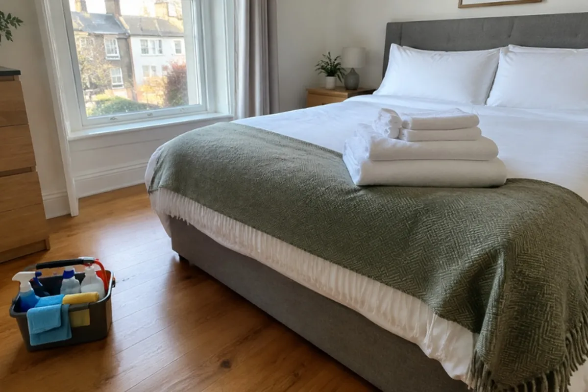 Freshly made bed with folded towels and a cleaning caddy, ready for the next Airbnb guest