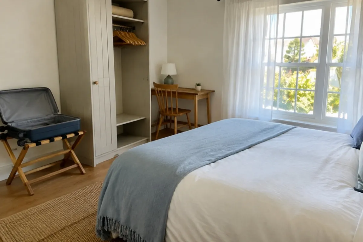 Holiday rental bedroom with a suitcase on a luggage rack and an open wardrobe, set up for a week-long stay