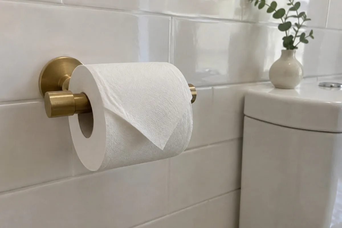 Toilet roll with a folded point on a brass holder in a white tiled bathroom