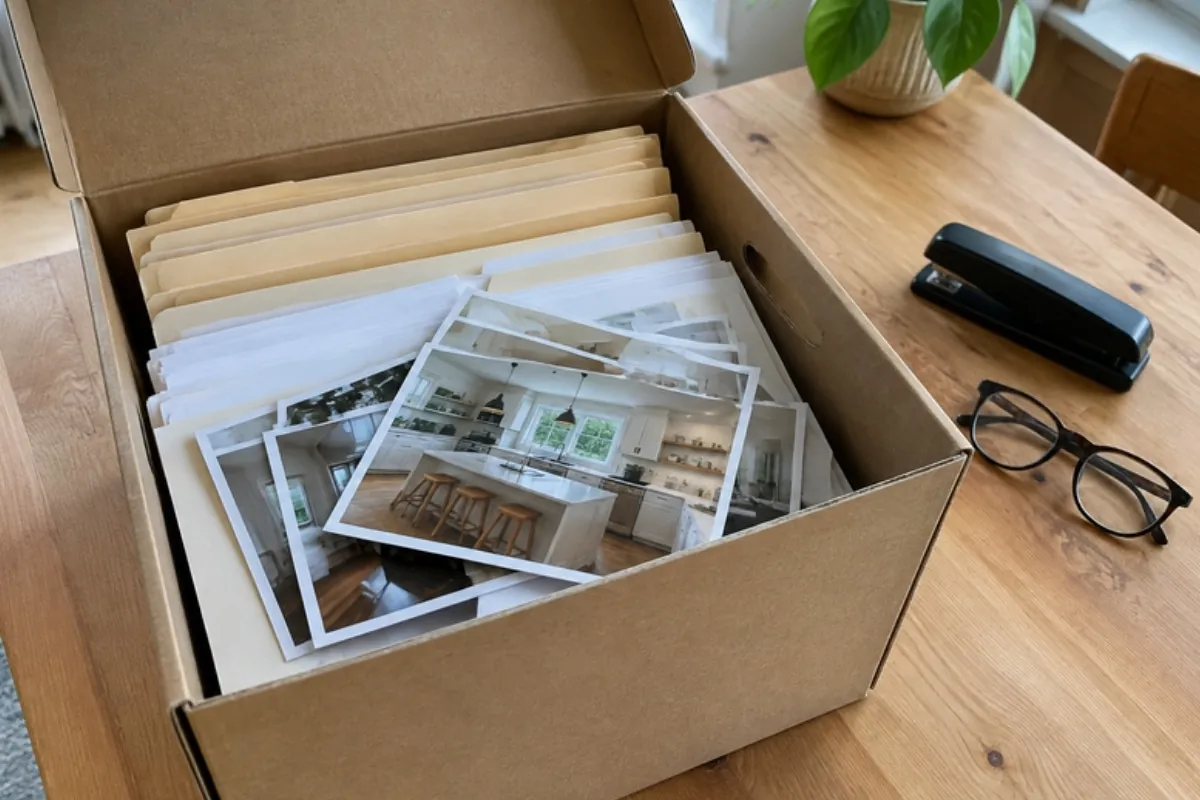 Archive box of renovation invoices and before-and-after photos kept for capital gains tax records