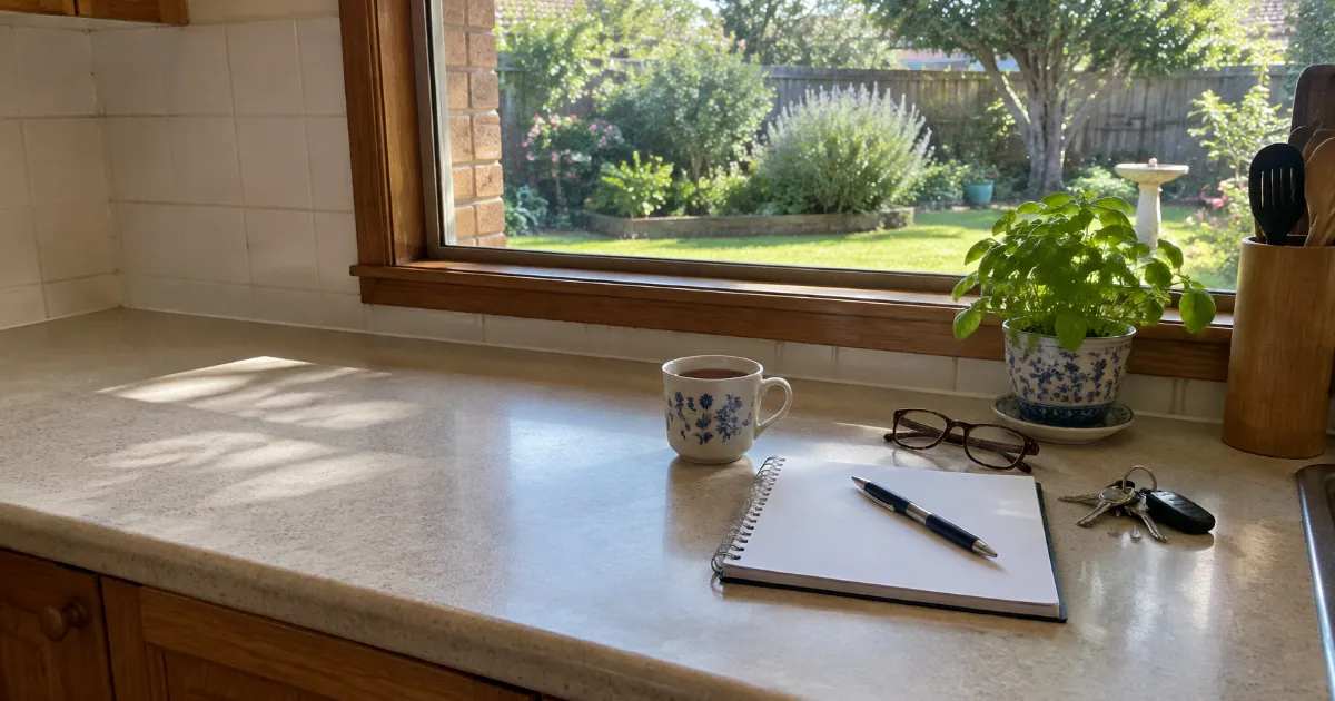 Mug of tea, open notebook, glasses and house keys on a sunlit kitchen bench, weighing up downsizing in retirement