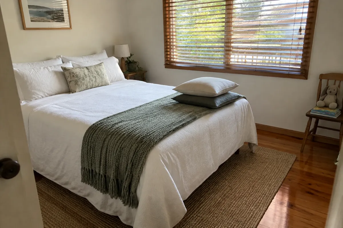 Spare bedroom with a made-up bed, extra pillows, and a toy bunny and books on a chair, ready for visiting grandkids after downsizing in retirement