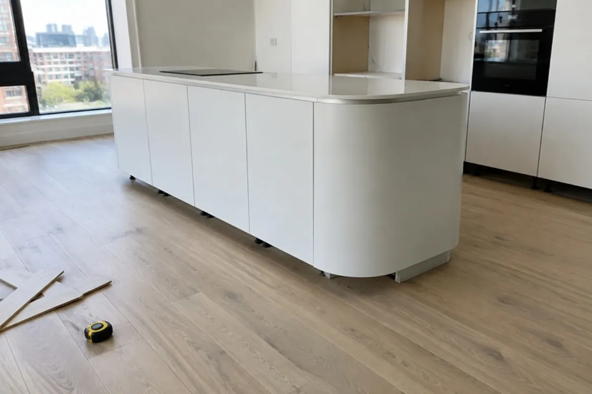 Curved white kitchen island with the floating floor running underneath before the kickboards go on