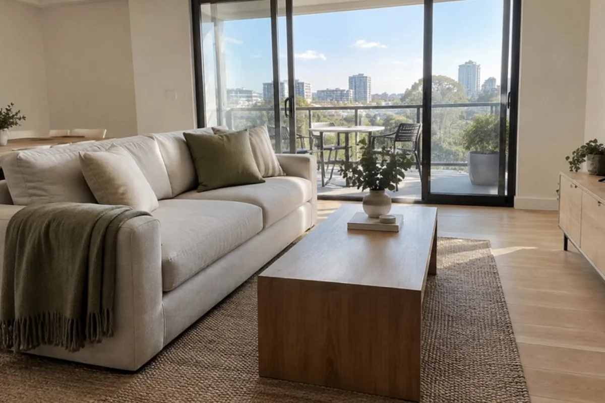 Styled apartment living room with a city view, ready to switch to short-stay guests while holding