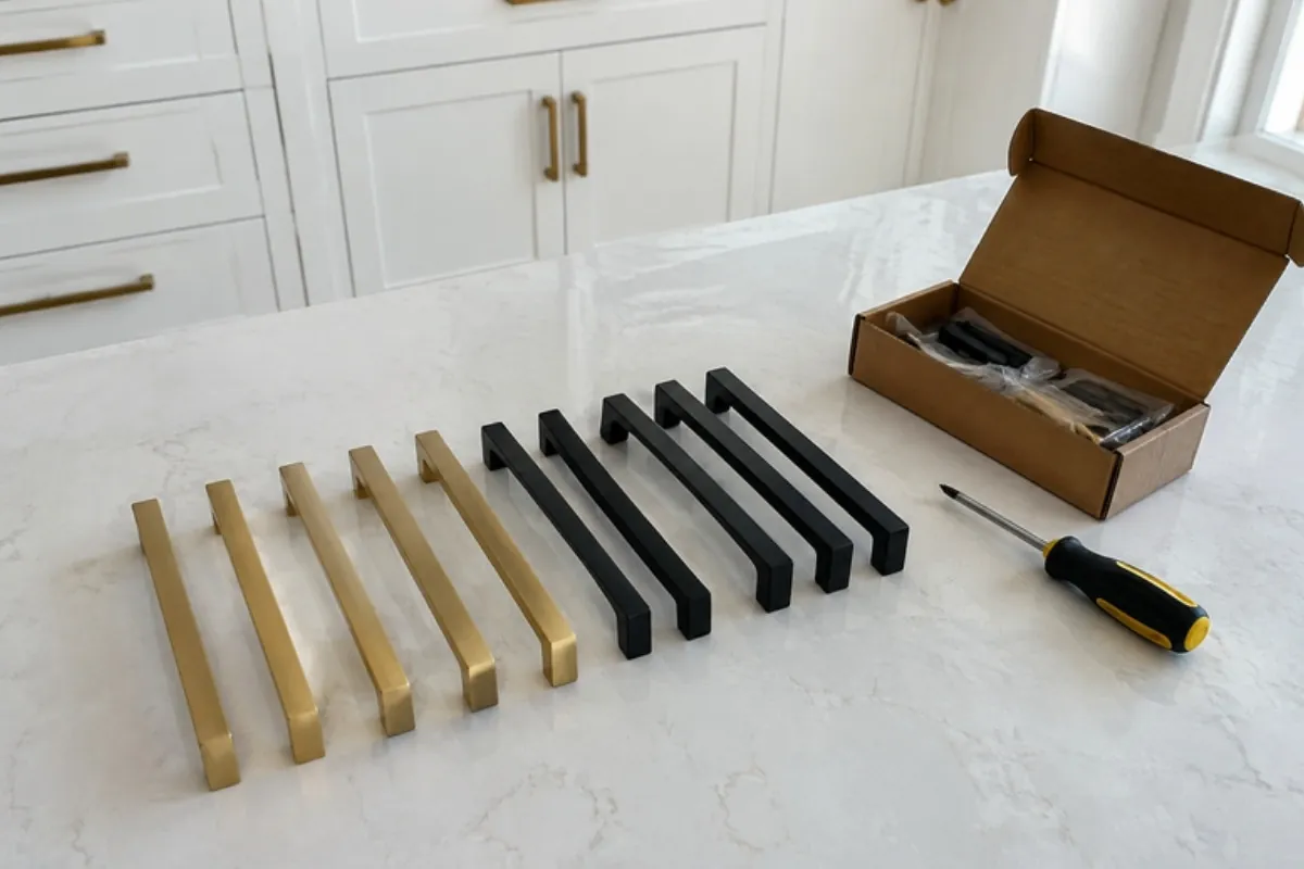 Brass and black kitchen cabinet handles laid out on a stone benchtop beside their box and a screwdriver